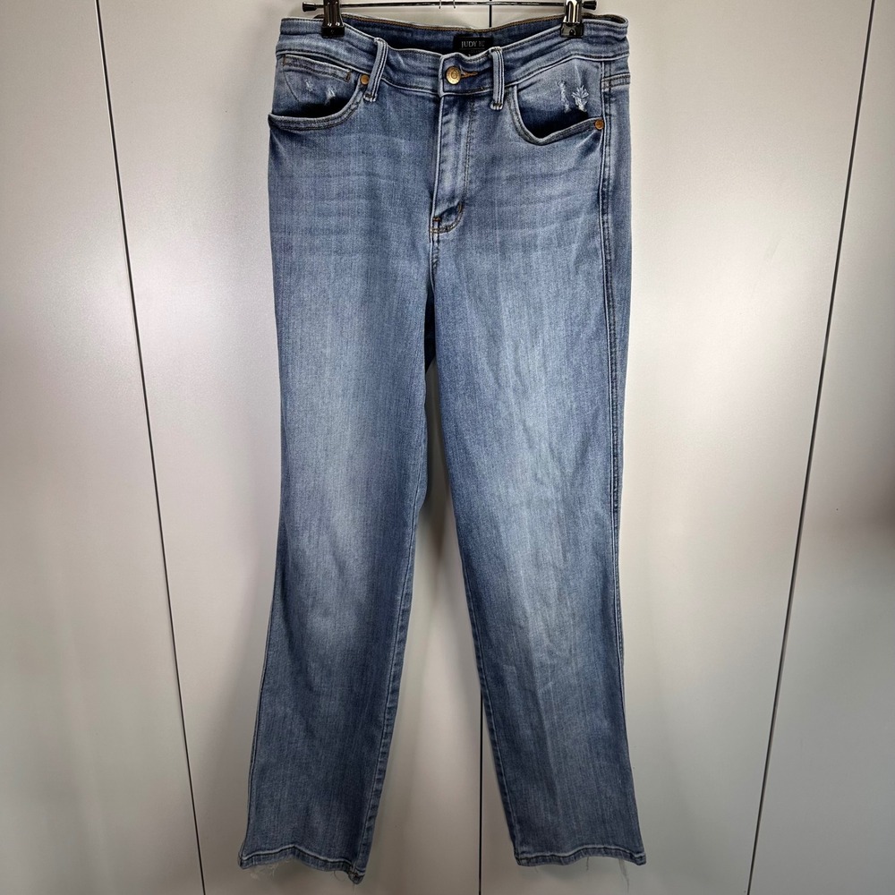Judy Blue Womens Denim Straight Jeans Size 7/28 Dad Jean Distressed‎ Frayed Hem